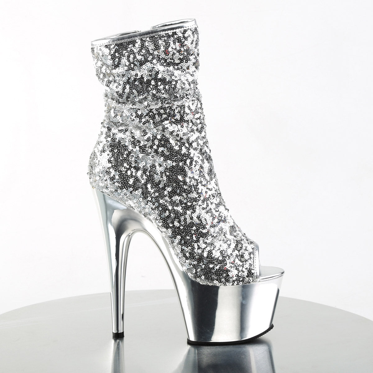 7" Heel, 2 3/4" Pf Peep Toe Sequins Ankle Boot, Side Zip Pleaser Pleaser ADORE/1008SQ