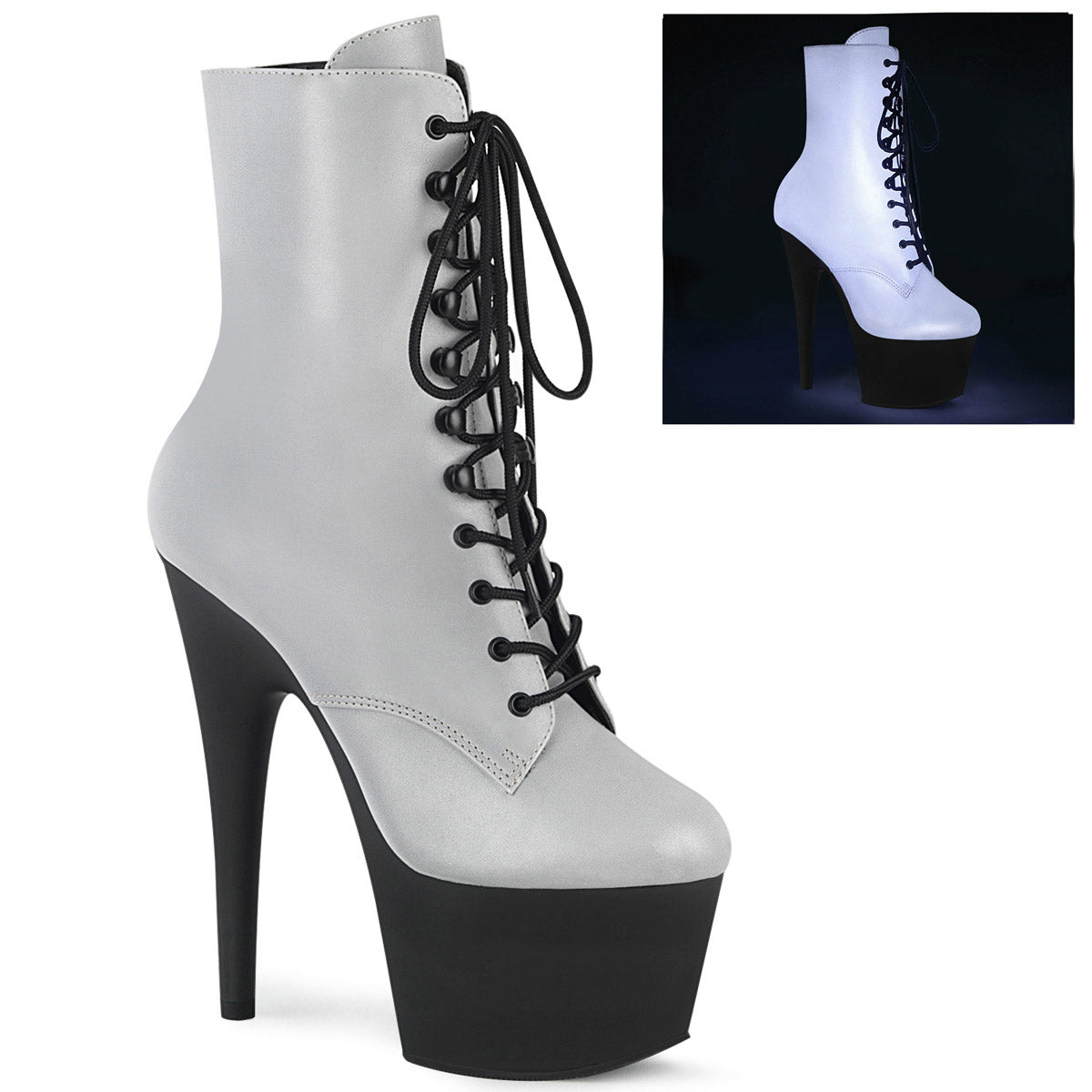 7" Heel, 2" PF Lace-Up Front Ankle Boot, Side Zip Pleaser Pleaser ADORE/1020REFL