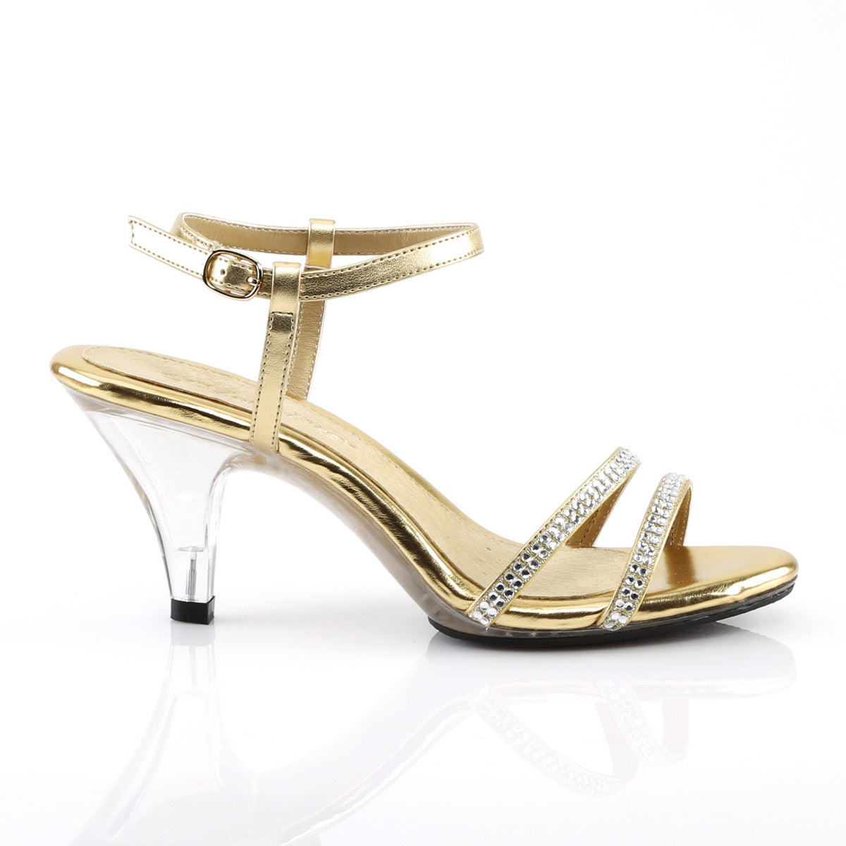 3" Heel, 1/8" PF Slingback Sandal W/ RS Gold Met Pu/Clr Pleaser Fabulicious BELLE/316