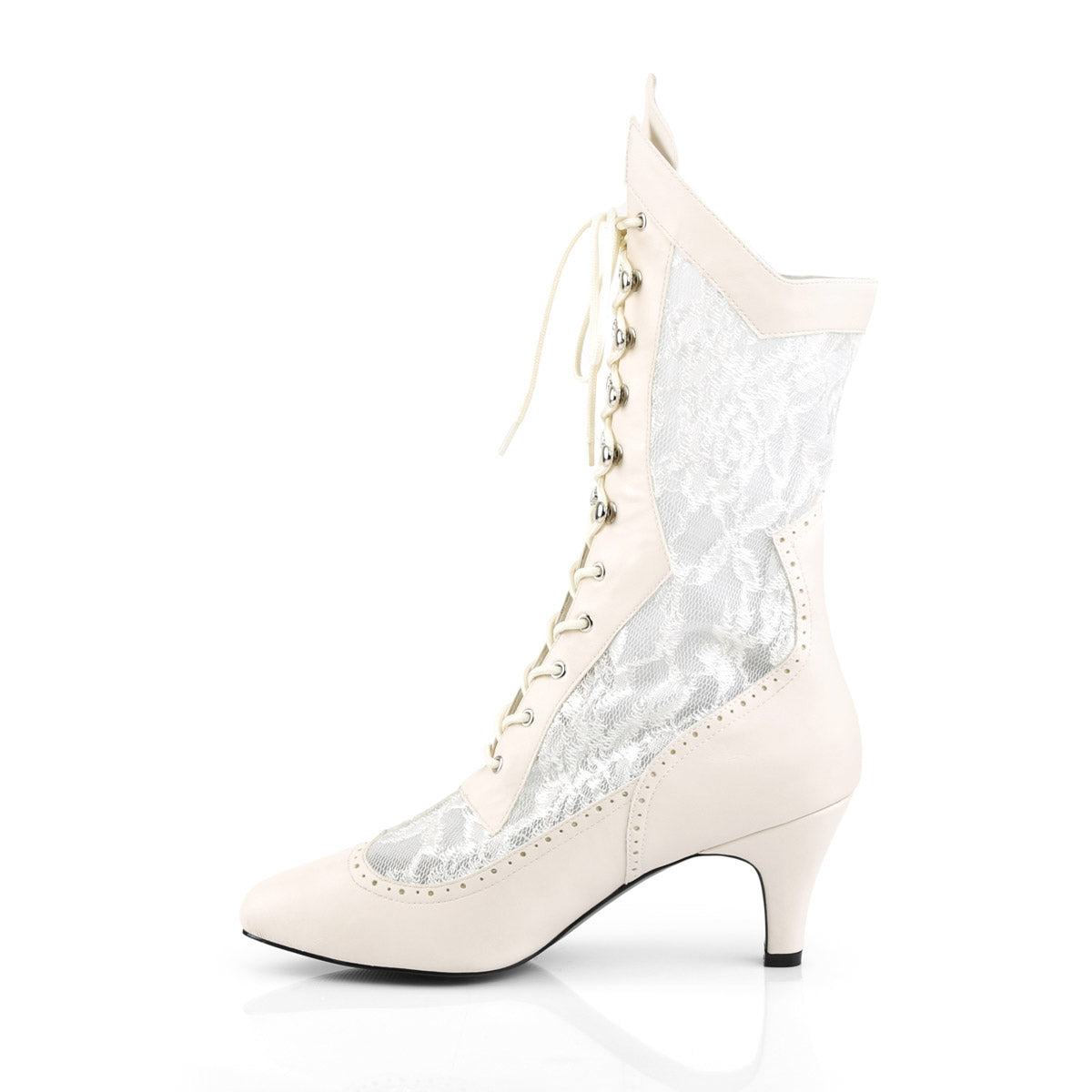 3" Heel Wide Width/Shaft, Calf High Boot Ivory Faux Leather-Satin Lace Pleaser Pink Label DIVINE/1050