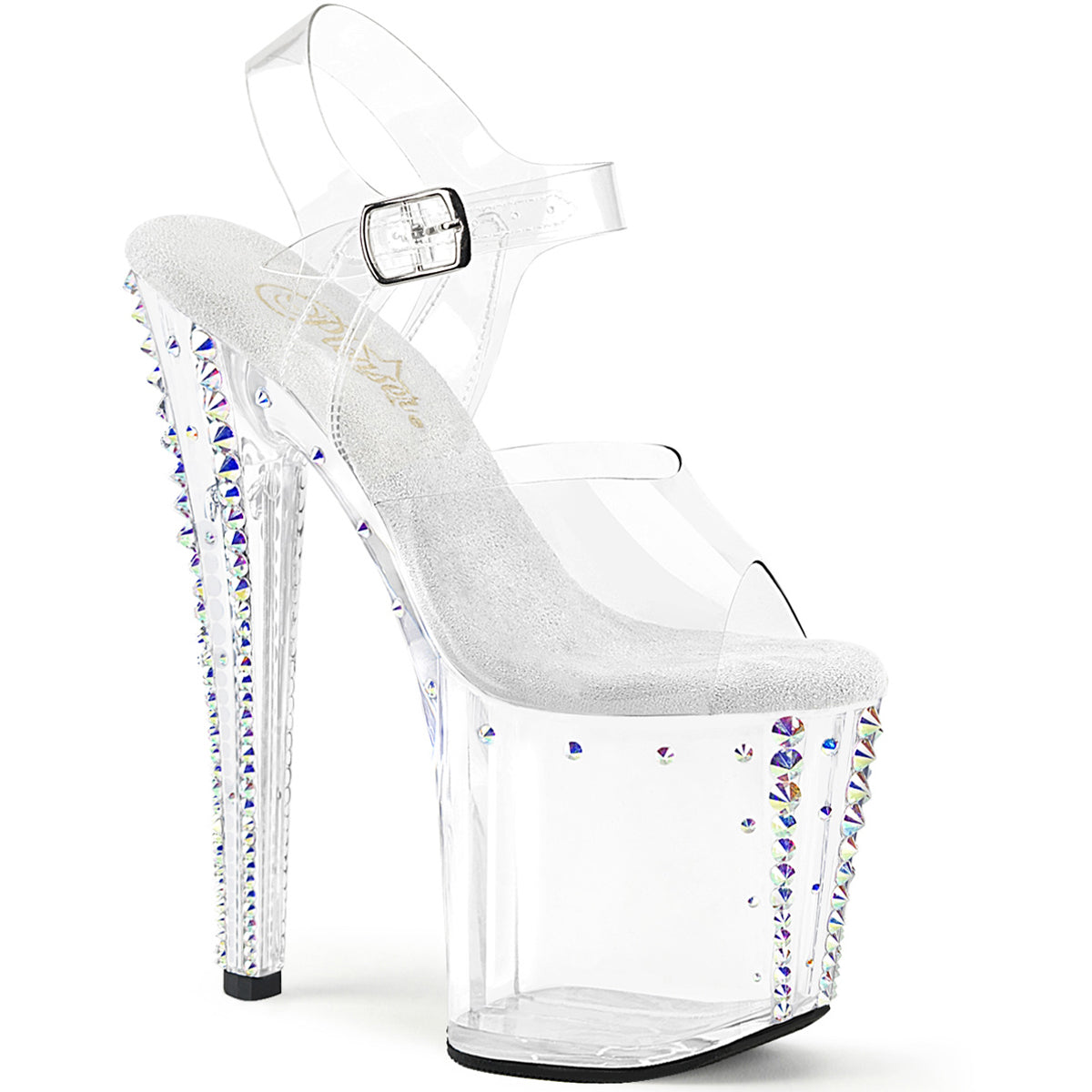 8" Heel, 3 3/4" Pf Rhinestone Studded Ankle Strap Sandal Pleaser Pleaser ENCHANT/708RS/02