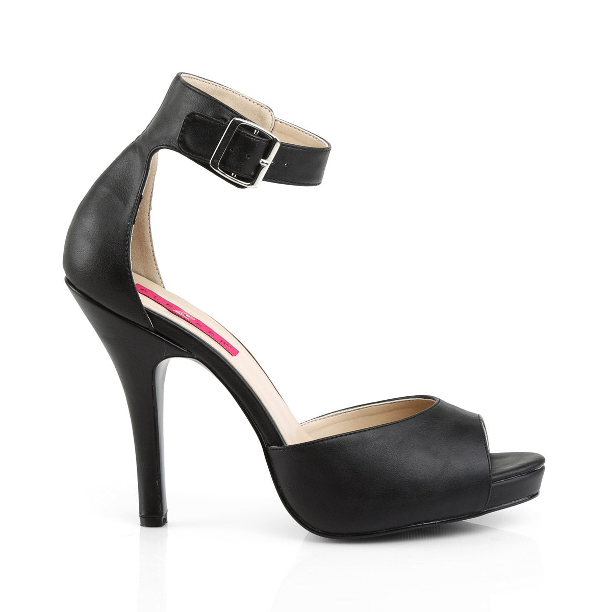 5" Heel, 1/2" PF Closed Back Sandal W/ Buckled Ankle Strap Blk Faux Leather Pleaser Pink Label EVE/02