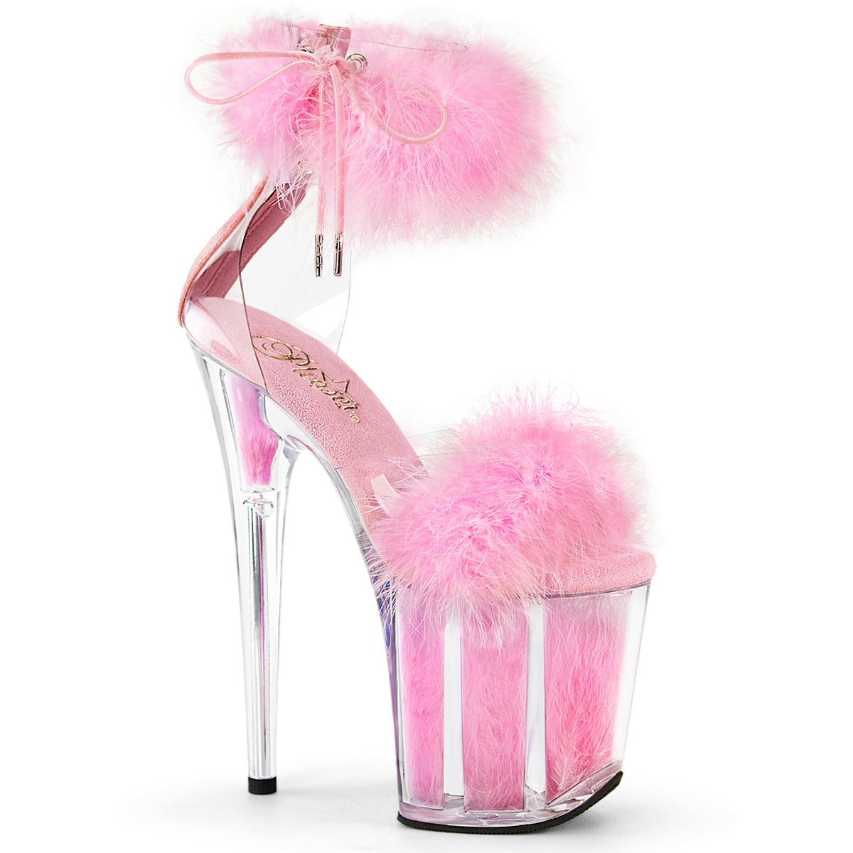 8" Heel, 4" Pf Marabou Fur Ankle Cuff Sandal, Back Zip Pleaser Pleaser FLAMINGO/824F