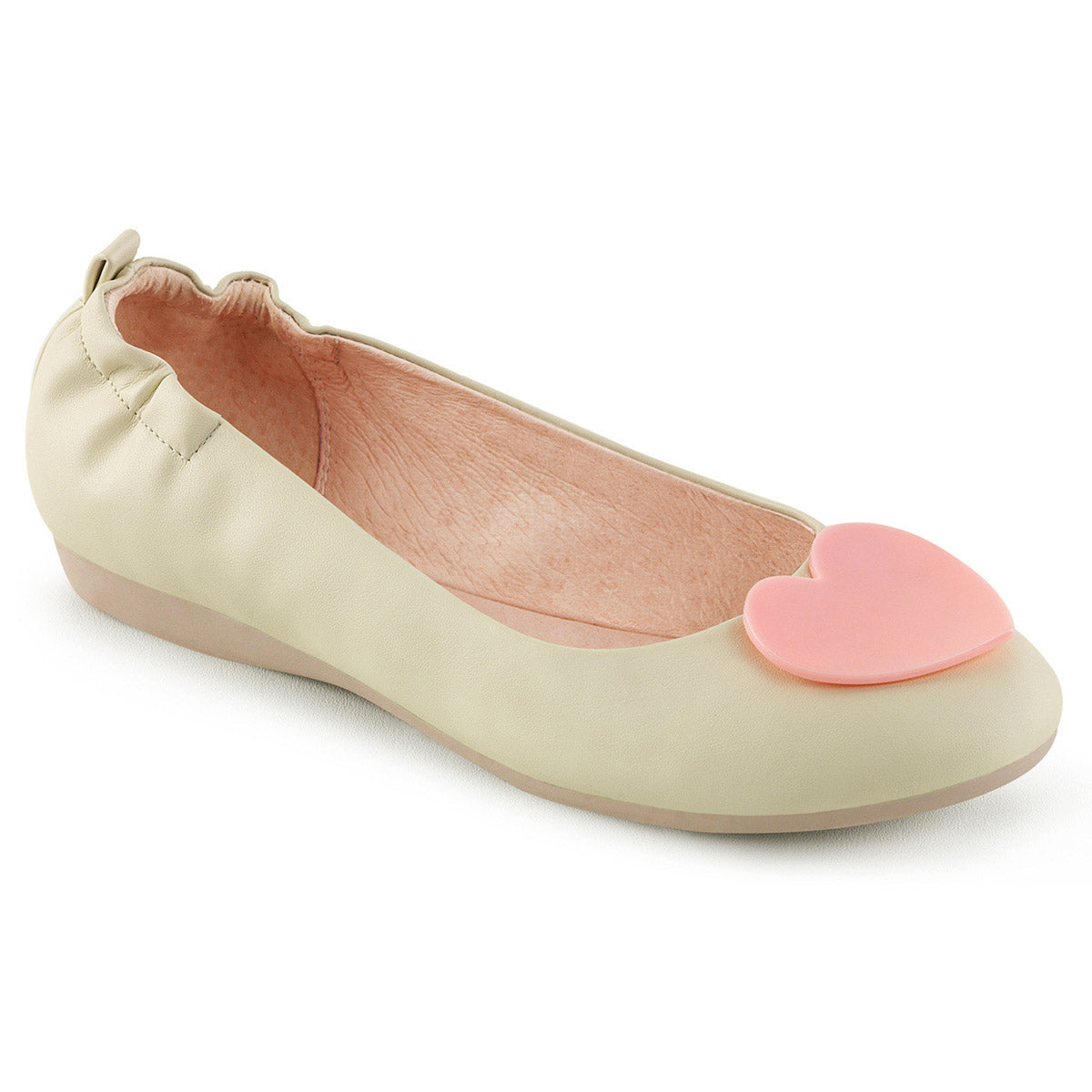 Round Toe Foldable Flats W/ Heart Adornment Cream Faux Leather Pleaser Pin Up Couture OLIVE/05