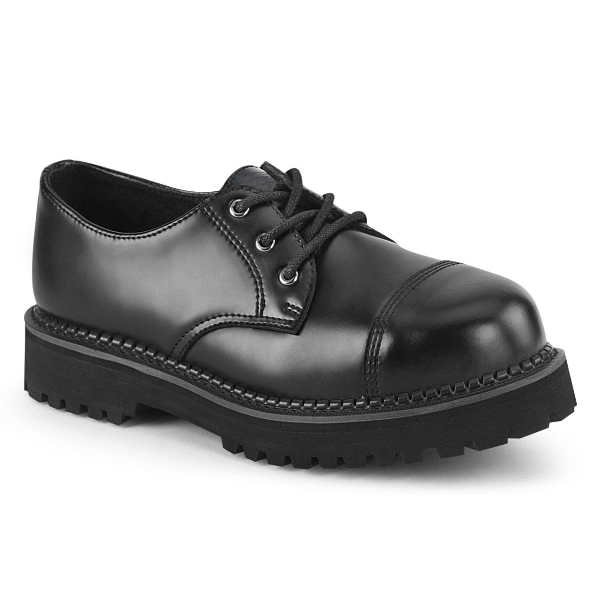 3 Eyelet Unisex Steel Toe Classic Shoe, Rubber Sole Pleaser Demonia RIOT/03