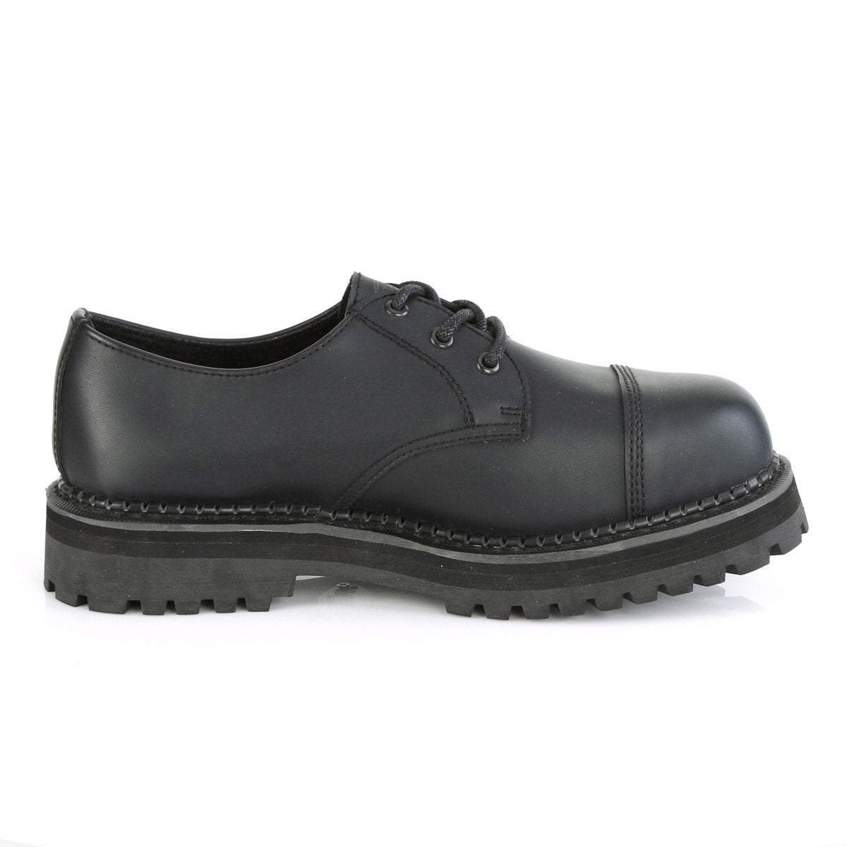 3 Eyelet Unisex Steel Toe Classic Shoe, Rubber Sole Pleaser Demonia RIOT/03