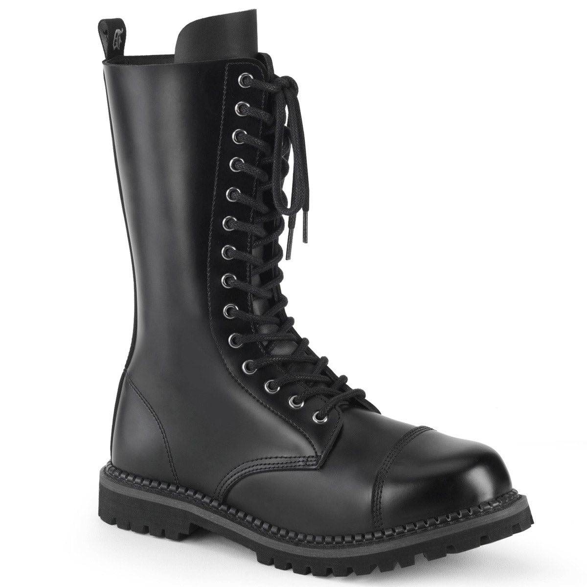 14 Eyelet Unisex Steel Toe Mid Calf Boot, Rubber Sole Pleaser Demonia RIOT/14