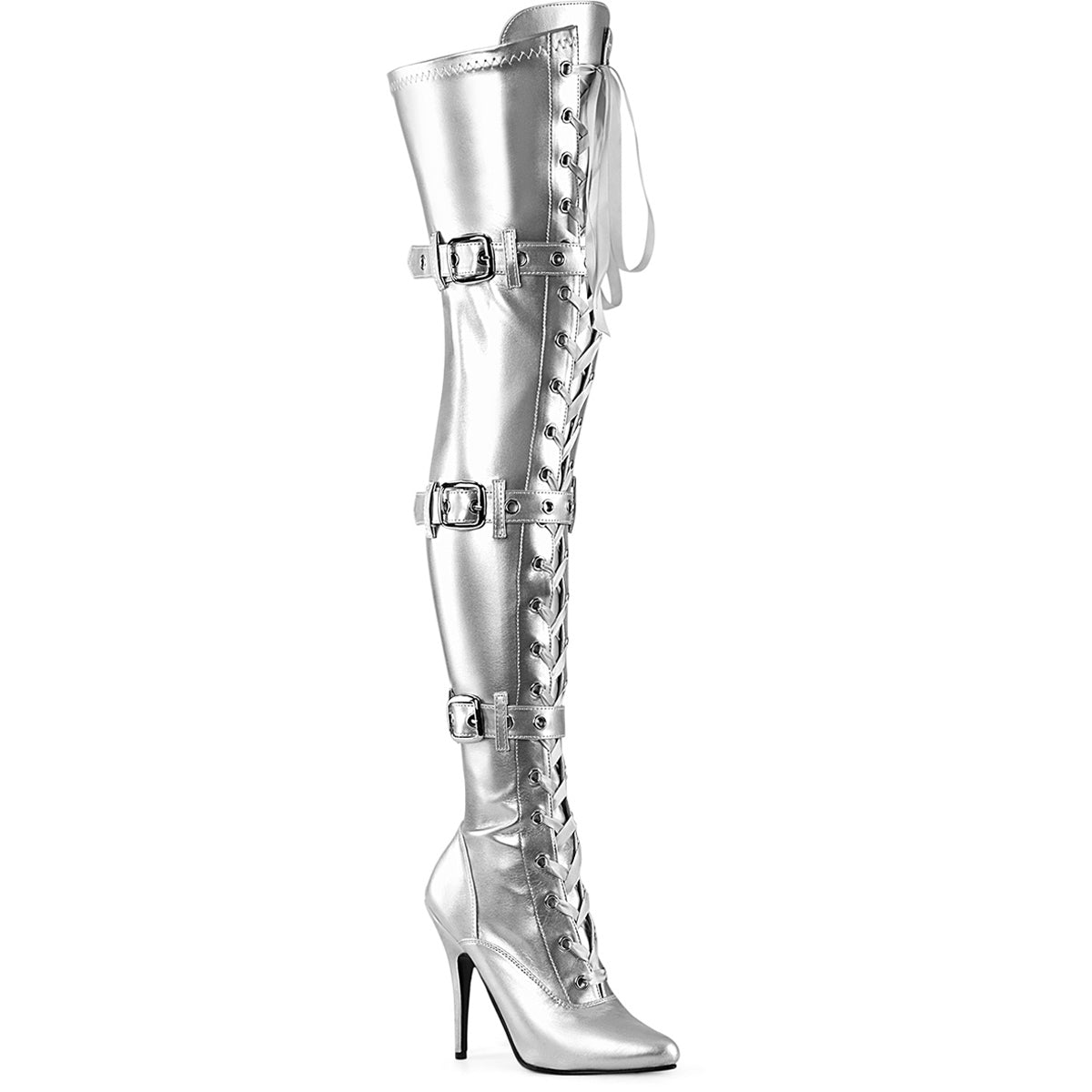 5" Heel Lace-Up Buckle Strap Stretch Thigh Boot, Side Zip Pleaser Pleaser SEDUCE/3028