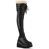 4 1/2" Wedge Pf Lace-Up Stretch Thigh High Boot, Side Zip Pleaser Demonia SHAKER/325
