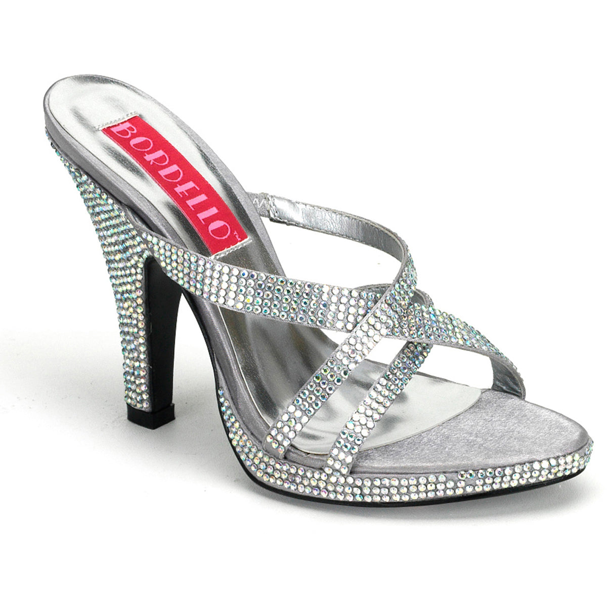 4" Heel Rhinestoned Criss Cross Mini PF Slide Iridescent Rhinestones Pleaser Bordello SIREN/02R