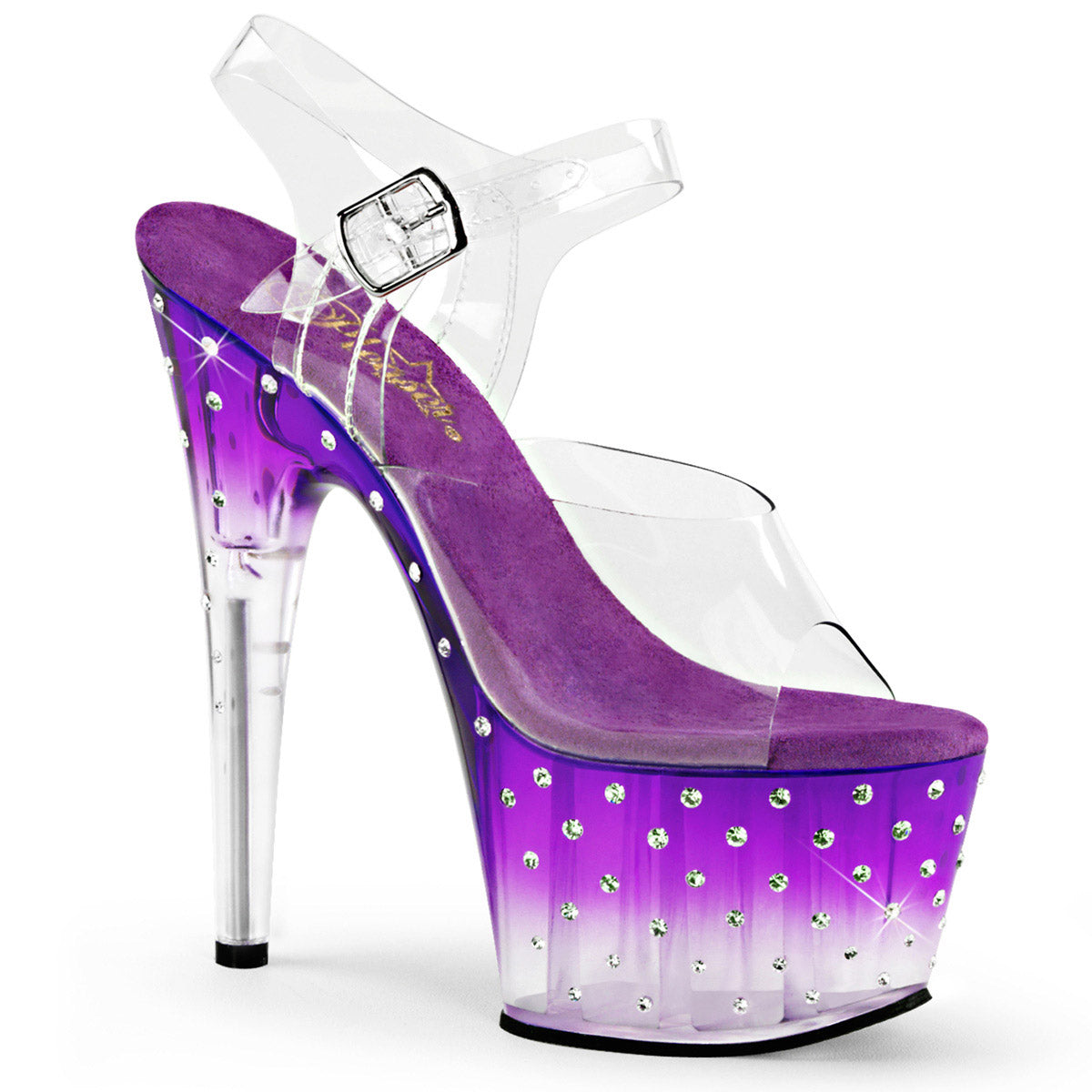 7" Heel, 2 3/4" PF Ankle Strap Sandal w/RS Studded Bottom Clr/Purple-Clr Pleaser  STARDUST/708T