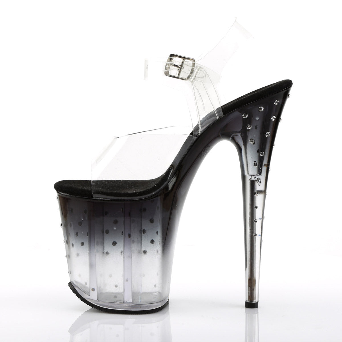 8" Heel, 4" PF Ankle Strap Sandal w/RS Studded Bottom Clr/Blk-Clr Pleaser Pleaser STARDUST/808T