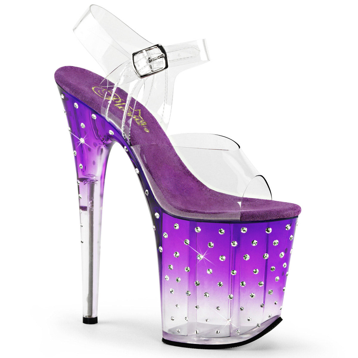8" Heel, 4" PF Ankle Strap Sandal w/RS Studded Bottom Clr/Purple-Clr Pleaser  STARDUST/808T