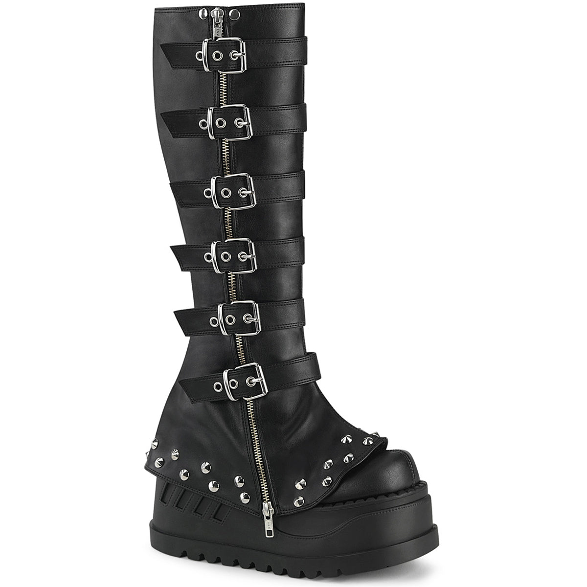 4 3/4" Wedge Pf Str Knee High Boot, Inside Zip Pleaser Demonia STOMP/223