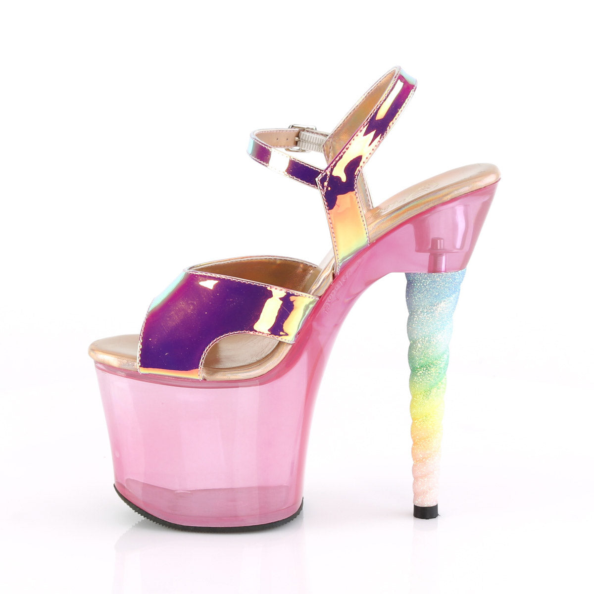 7" Heel, 3 1/4" PF Ankle Strap Sandal w/ Unicorn Heel Pleaser Pleaser UNICORN/711T