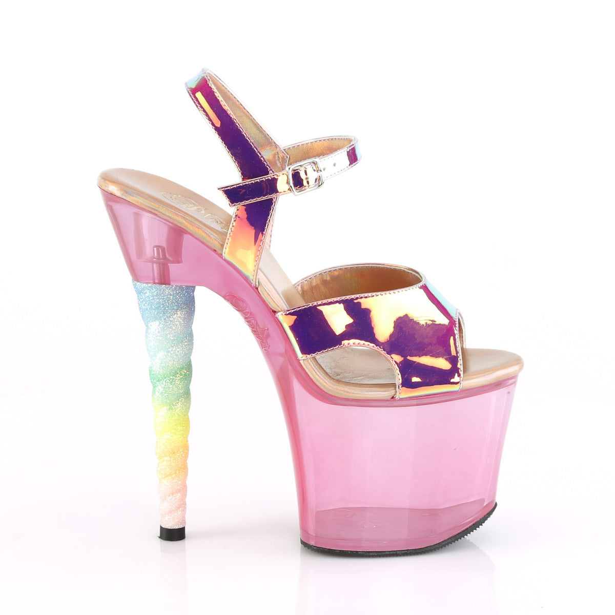 7" Heel, 3 1/4" PF Ankle Strap Sandal w/ Unicorn Heel Pleaser Pleaser UNICORN/711T