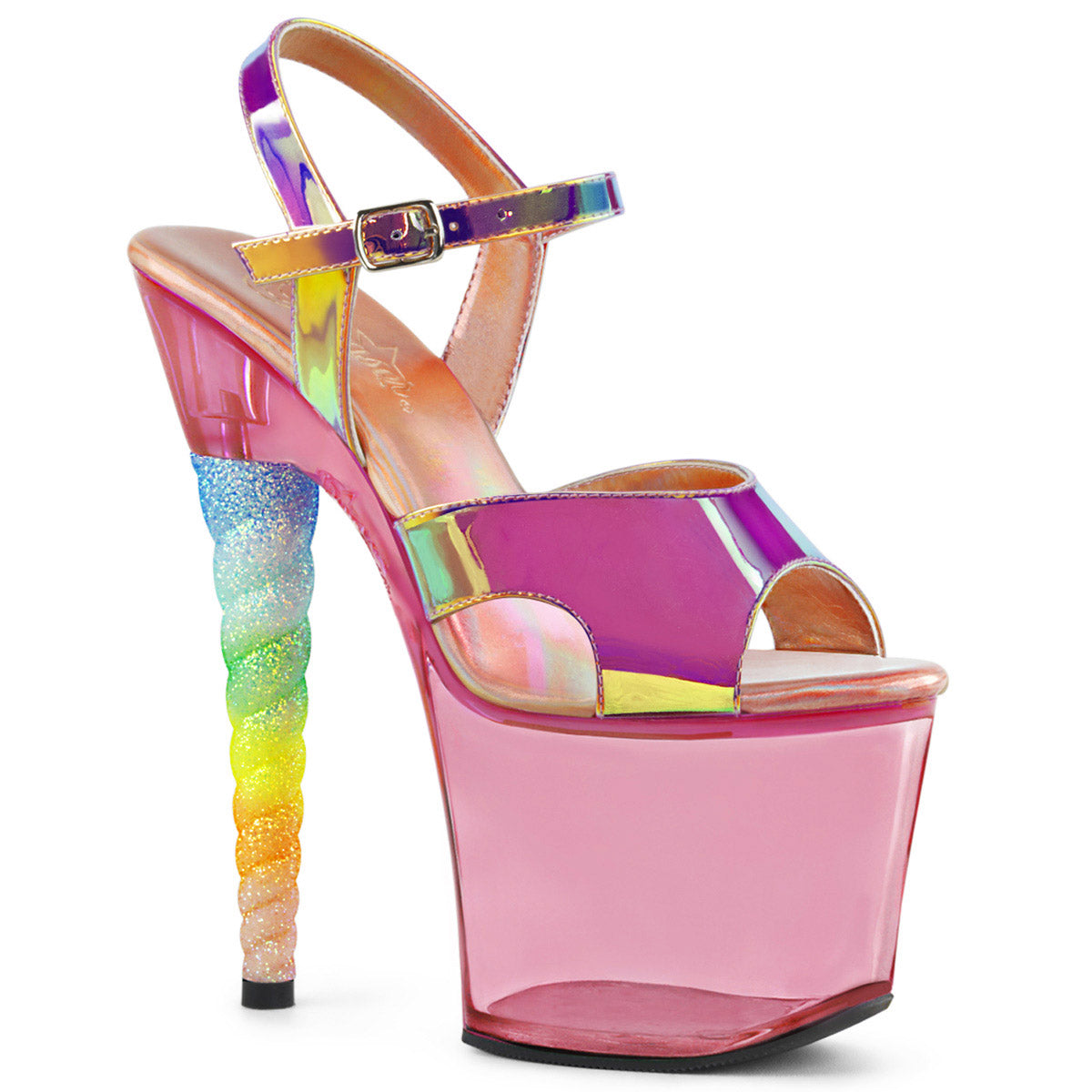 7" Heel, 3 1/4" PF Ankle Strap Sandal w/ Unicorn Heel Pleaser Pleaser UNICORN/711T