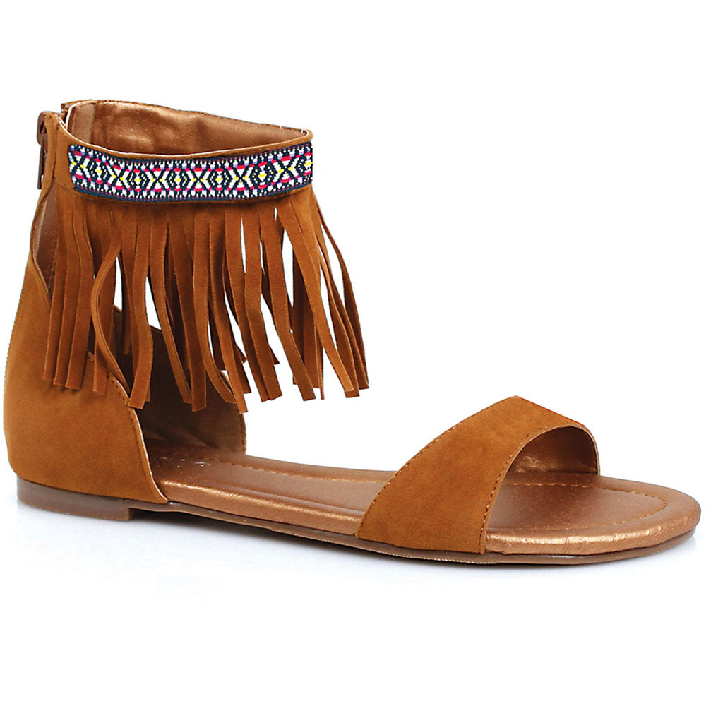 Tribal fringe native flat sandal with embroidered details Ellie  015/HENA/TAN