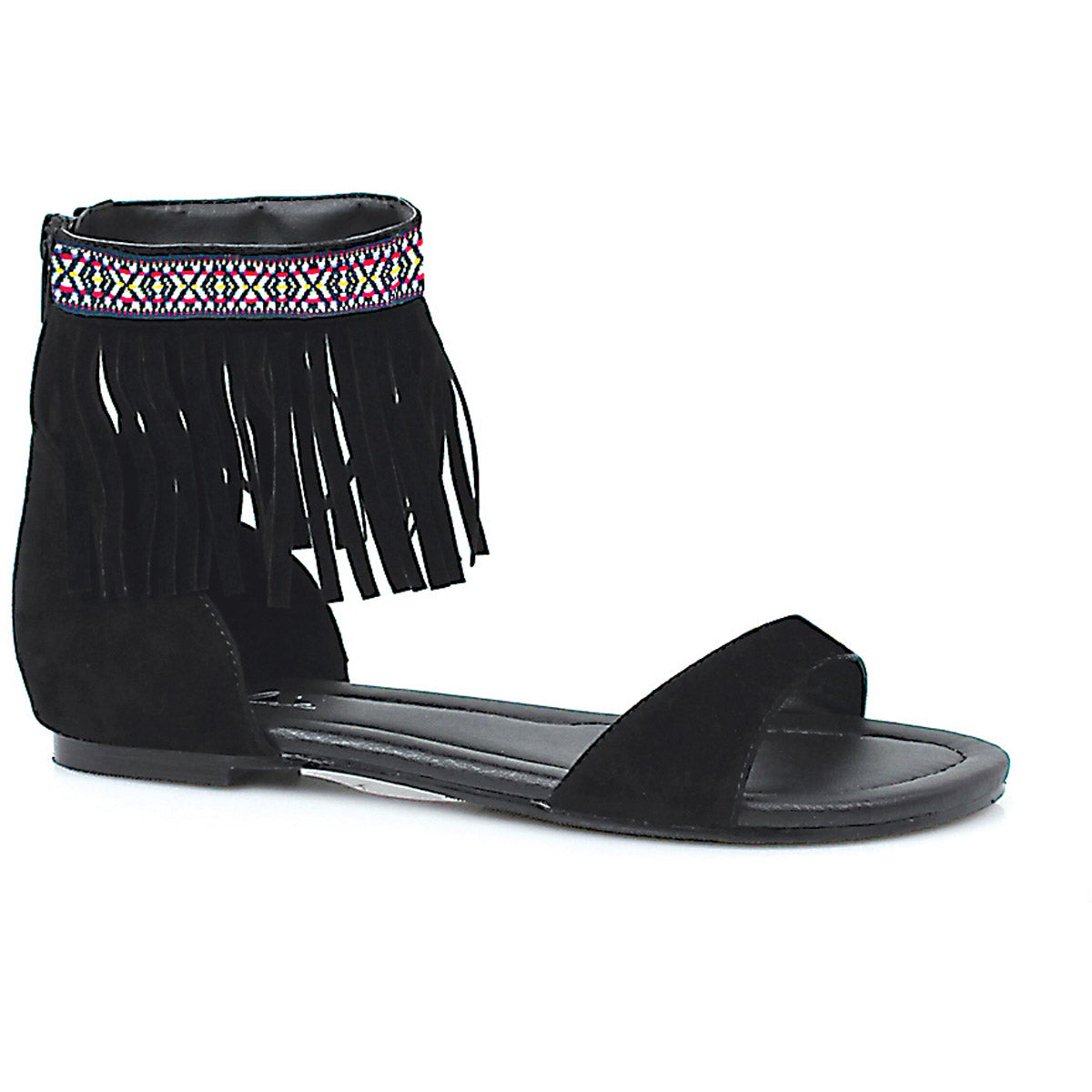 Tribal fringe native flat sandal with embroidered details Ellie  015/HENA/BLK