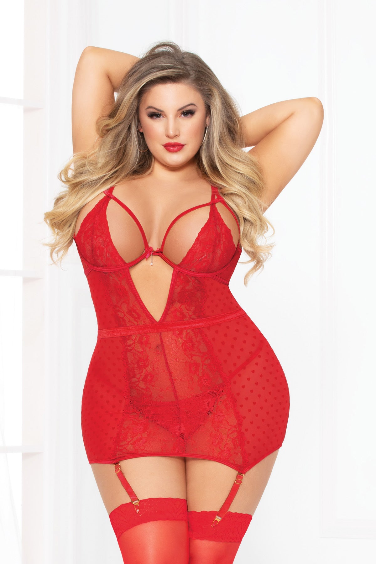 Two Piece Heart Mesh And Lace Chemise And Thong Set Seven til Midnight  10916X