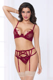 Three Piece Bra Set.  Netting Bra With Lace Appliqué, Strappy Garter Belt, And Thong Seven til Midnight  10921