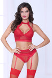 Three Piece Bra Set.  Lace And Netting Long Line Bra With Attached Harness, Garter Belt, And Open C Seven til Midnight  10926