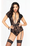 Flocked Mesh And Lace Teddy With Removable Harness, Satin Elastic Waistband, And Snap Crotch Seven til Midnight  10940