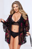 Floral Embroidered Mesh Robe With 3/4 Sleeves, Crochet Lace Trim, And Belt Seven til Midnight  10969X