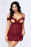Two Piece Babydoll Set.  Lace And Mesh Babydoll With Open Cups, Lace Off The Shoulder Detail, And C Seven til Midnight  10972