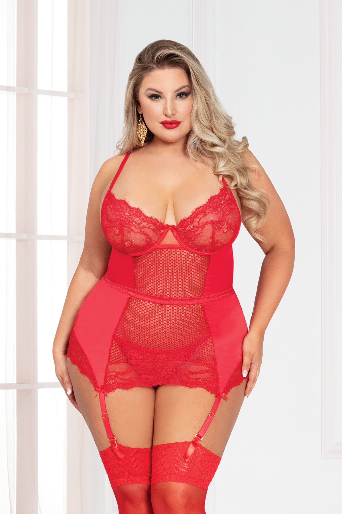 Two Piece Eyelash Lace, Stretch Satin, And Textured Netting Chemise With Elastic Criss-Cross Back And Thong Set Seven til Midnight  11045X
