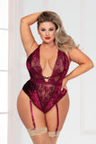 Velvet And Lace Teddy With Plunging Neckline, Strappy Thong Detail, And Removable Garters Seven til Midnight  11061X