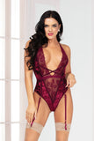 Velvet And Lace Teddy With Plunging Neckline, Strappy Thong Detail, And Removable Garters Seven til Midnight  11061
