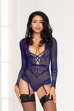 Lace Long Sleeve Teddy With Removable Garters Seven til Midnight  11078X