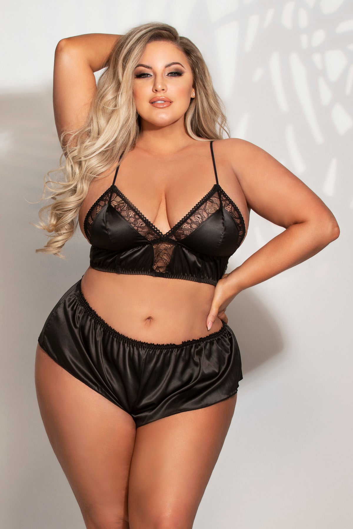 Two Piece Satin And Lace Long Line Bralette And Tap Short Set Seven til Midnight  11244X