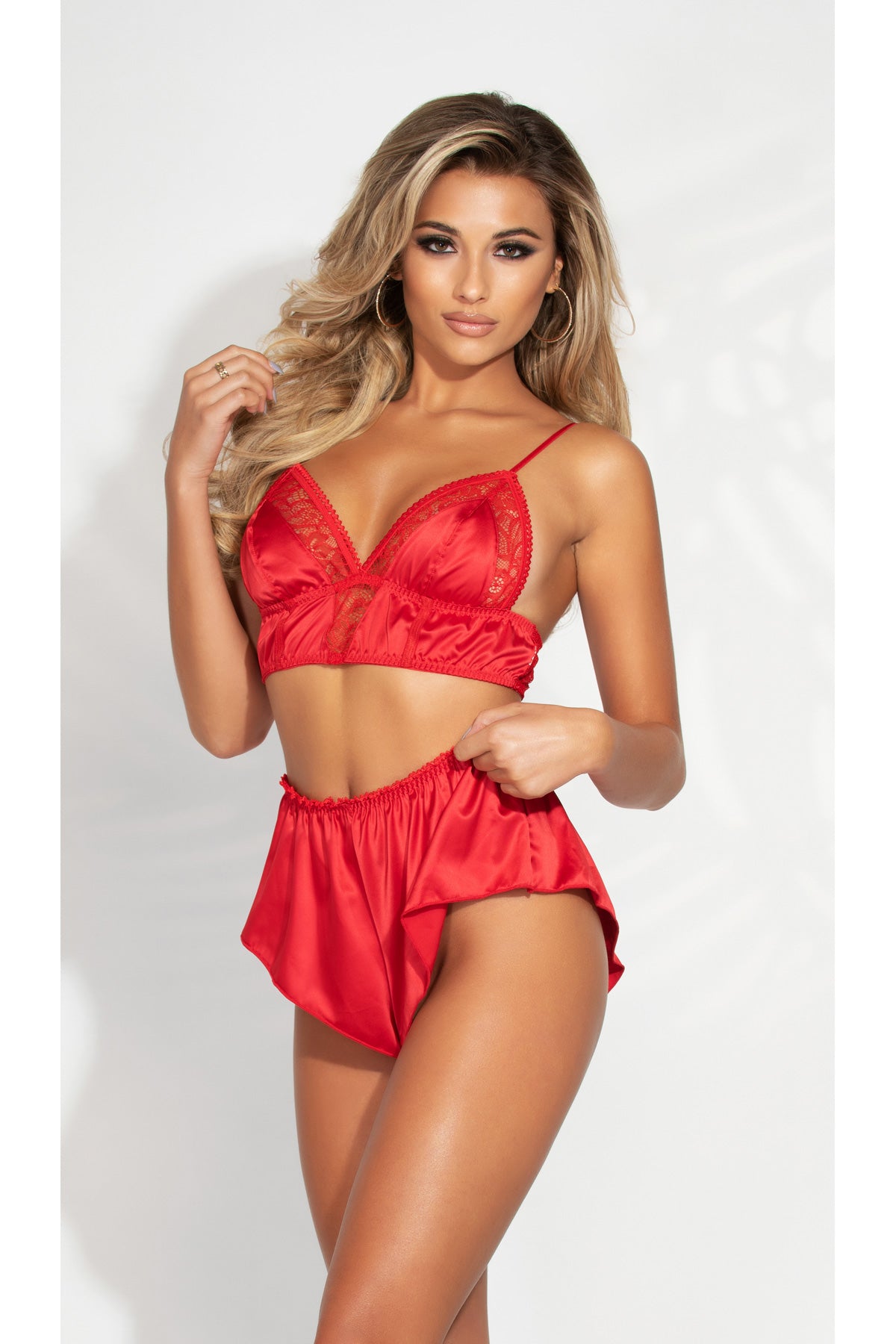 Two Piece Satin And Lace Long Line Bralette And Tap Short Set Seven til Midnight  11244