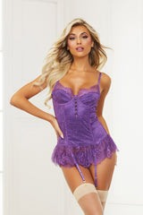Satin And Eyelash Lace Bustier And G-String Set Seven til Midnight  11399