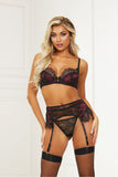 Satin And Eyelash Lace Bra, Garter Skirt, And G-String Set Seven til Midnight  11401