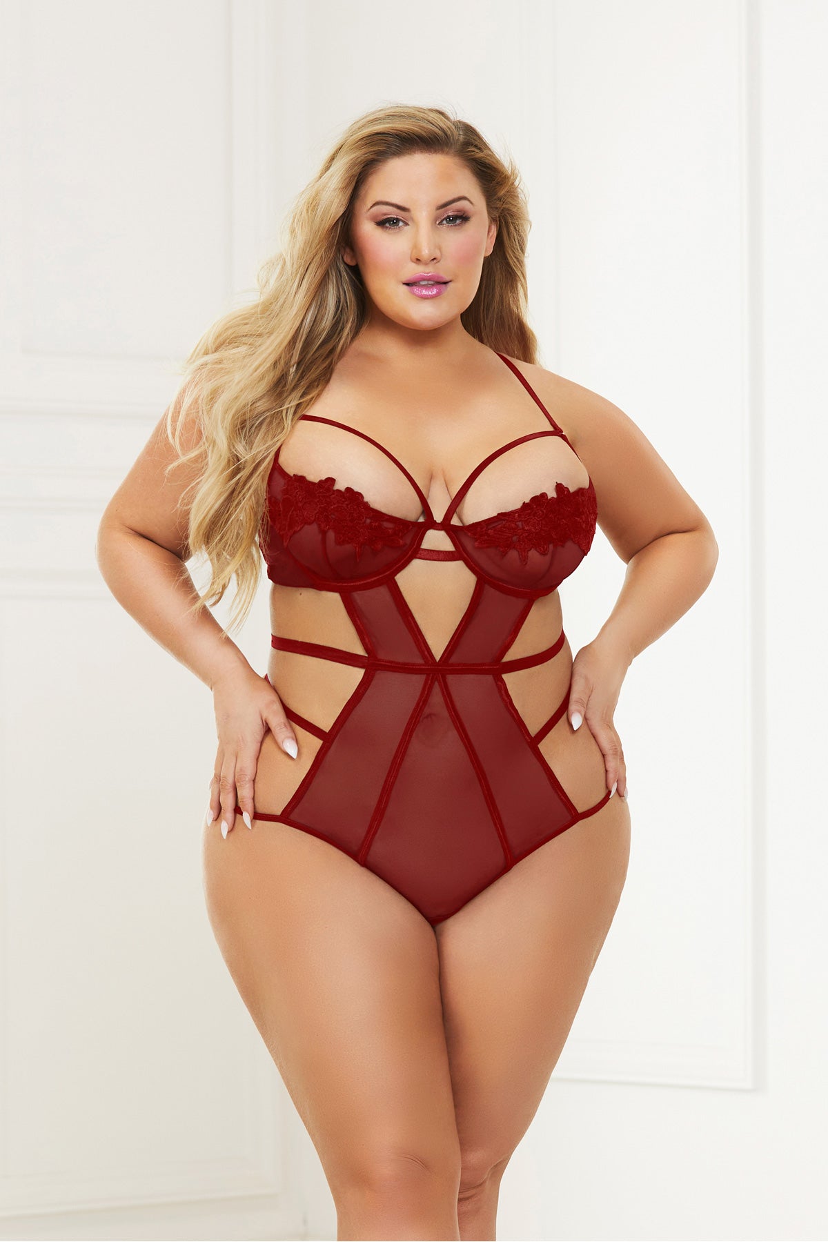 Guipure Lace And Mesh Strappy Teddy Seven til Midnight  11409XP