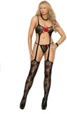 Lace suspender bodystocking embellished with bows and matching g-string. Elegant Moments  1332