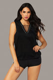 Textured Rayon Hooded Tank Deep V Front Lace Up Detail Top Lingerie Adult Women Seven til Midnight  30144