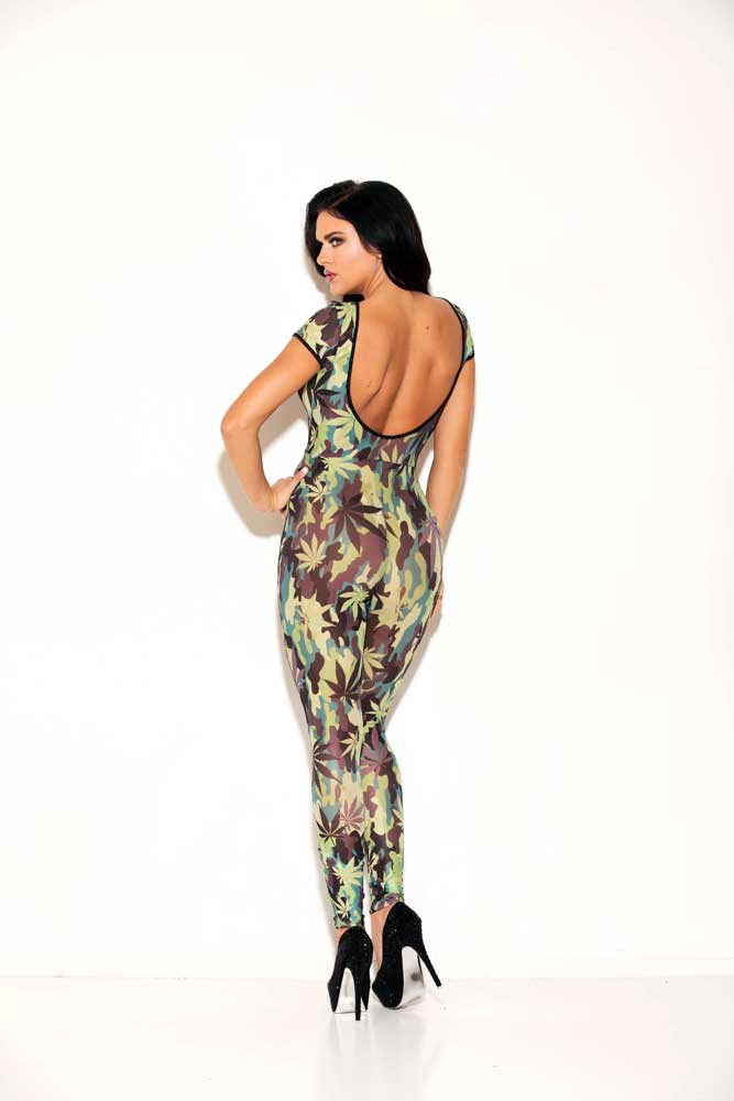 Cap Sleeve Weed Print Jumpsuit Icollection  37535