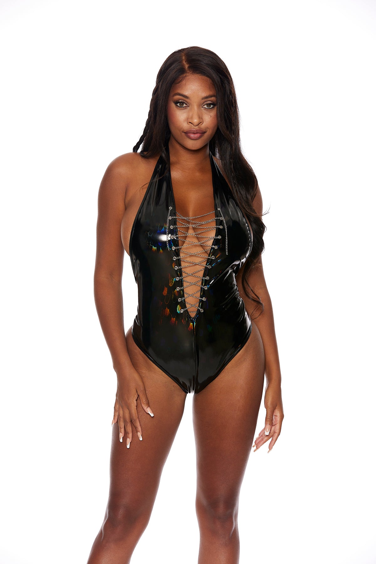 Feather Vinyl 1 Piece Bodysuit With Lace Up Chain. Shirley of Hollywood KOY by Bodyshotz K6157