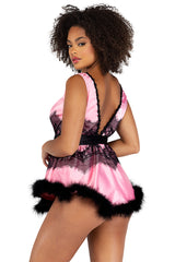 2Pc Satin & Lace Babydoll With Tie & Faux Feather Detail Roma  LI480