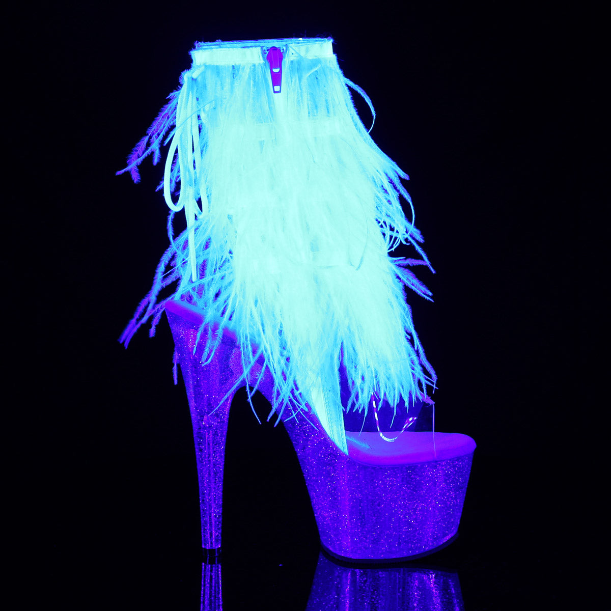 7" Heel, 2 3/4" PF Marabou Fur Fringe Ankle Boot, Side Zip Clr-Wht Marabou/Clr-Gltr Pleaser Pleaser ADORE/1017MFF