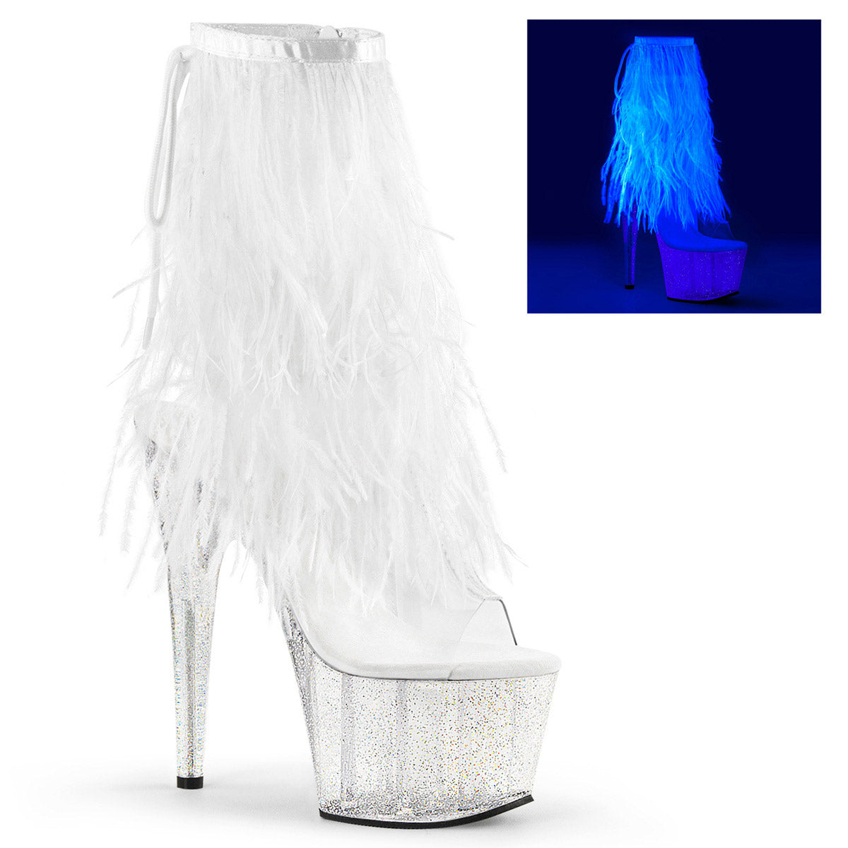 7" Heel, 2 3/4" PF Marabou Fur Fringe Ankle Boot, Side Zip Clr-Wht Marabou/Clr-Gltr Pleaser Pleaser ADORE/1017MFF