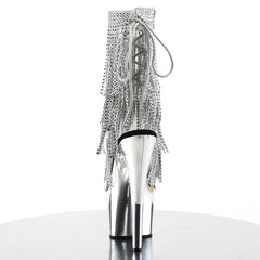 7" Heel, 2 3/4" PF Open Toe/Heel Lace-Up Fringe Ankle Boot Clr-Slv/Slv Chrome Pleaser Pleaser ADORE/1017RSF