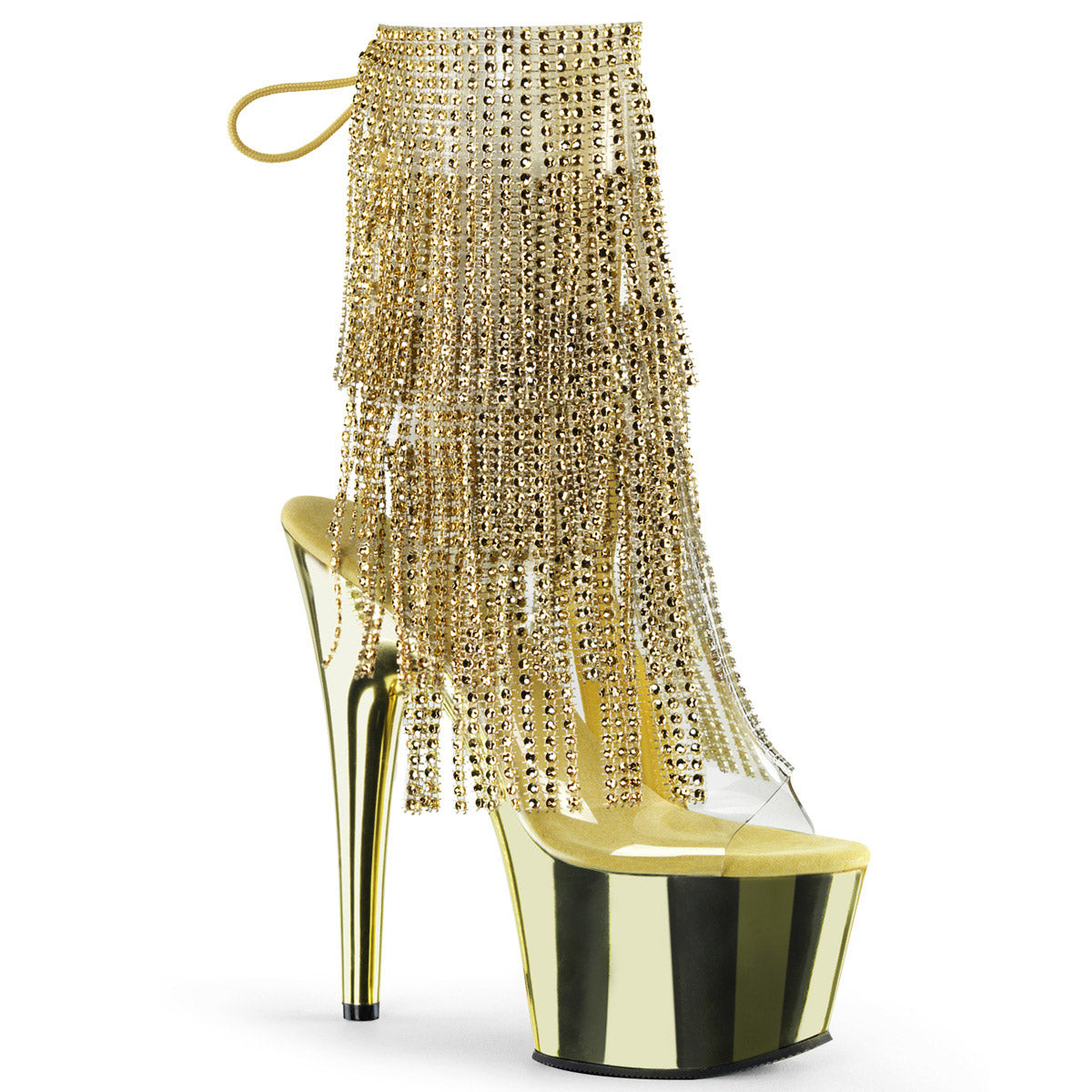 7" Heel, 2 3/4" PF Open Toe/Heel Lace-Up Fringe Ankle Boot Clr-Gold/Gold Chrome Pleaser Pleaser ADORE/1017RSF