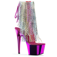 7" Heel, 2 3/4" PF Open Toe/Heel Lace-Up Fringe Ankle Boot Clr-Multi/Fuchsia Chrome Pleaser Pleaser ADORE/1017RSF