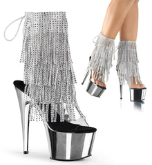 7" Heel, 2 3/4" PF Open Toe/Heel Lace-Up Fringe Ankle Boot Clr-Slv/Slv Chrome Pleaser Pleaser ADORE/1017RSF