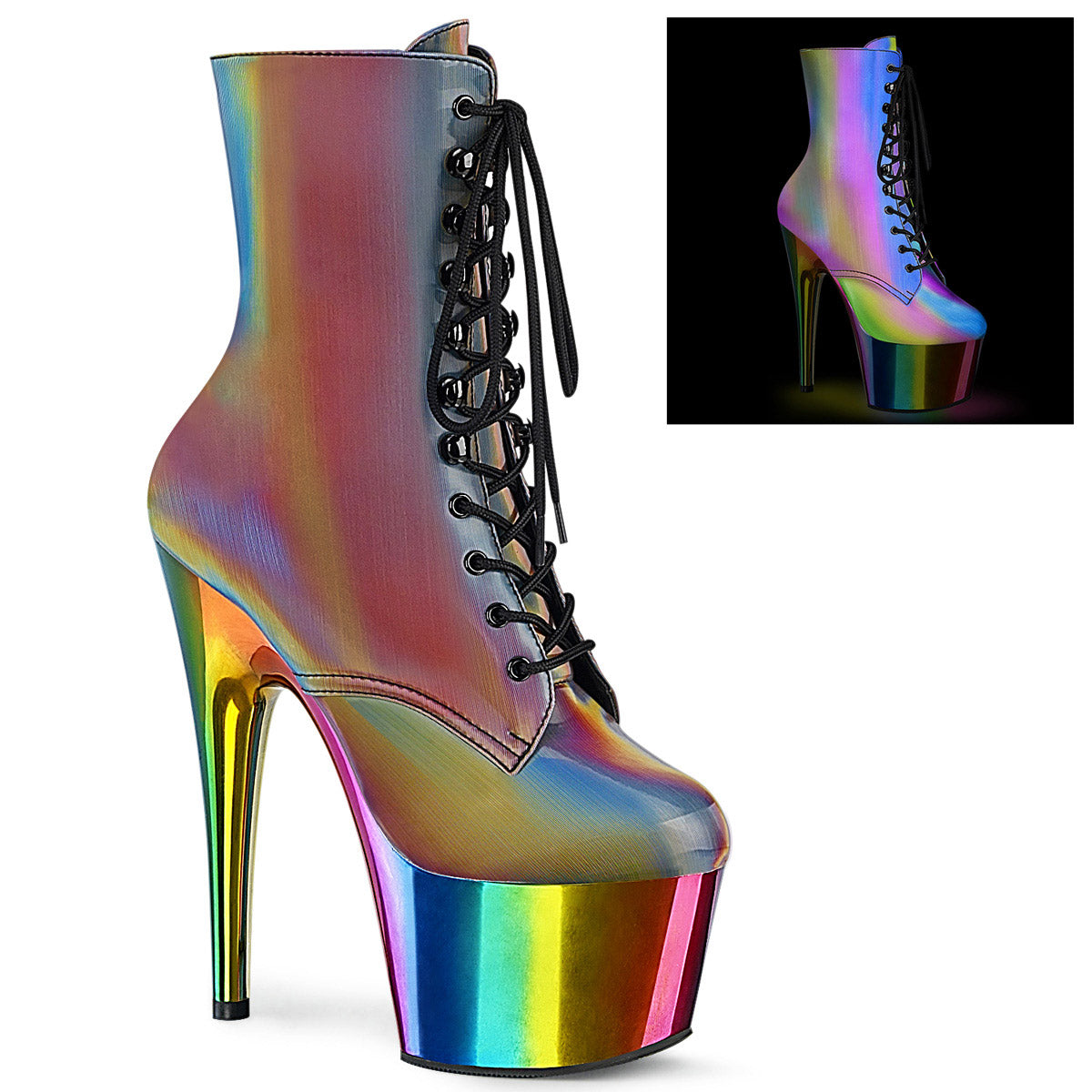 7" Heel, 2" Chromed PF Lace-Up Ankle Boot, Side Zip Pleaser Pleaser ADORE/1020RC/REFL